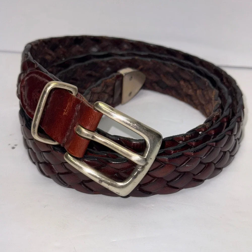 Dockers Braided Belt Mens 42 Brown Full Grain Leather Woven Solid Brass 2864